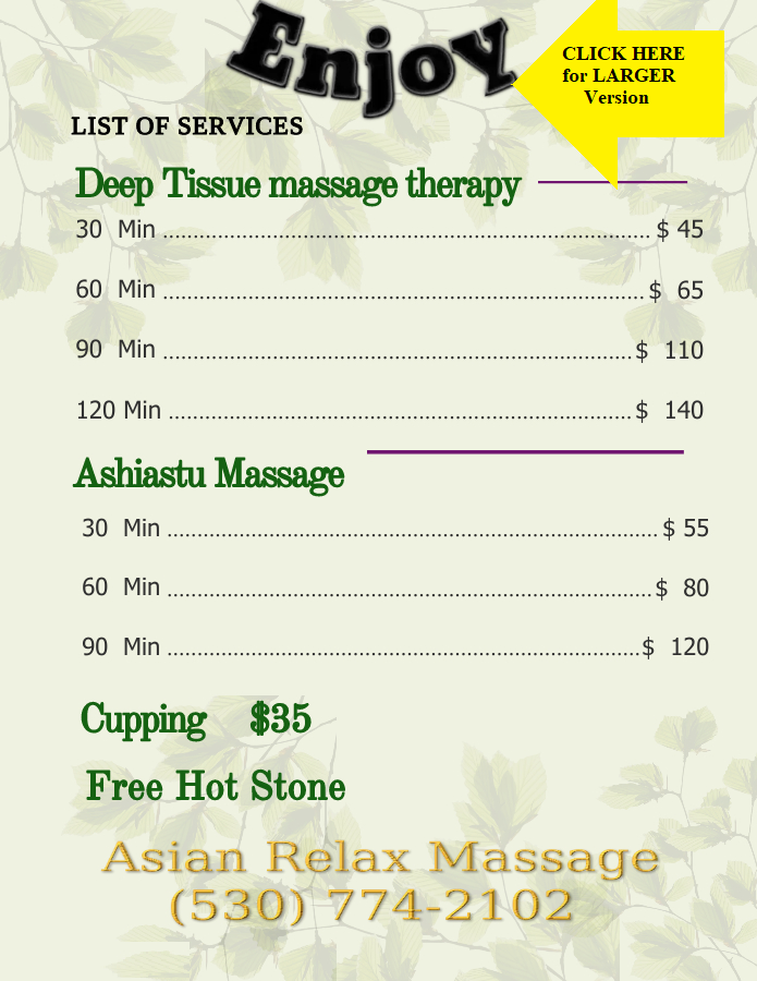 Picture of Asian Relax Massage Menu of Services in Chico Ca. USA Best Massage Spa in Chico California
